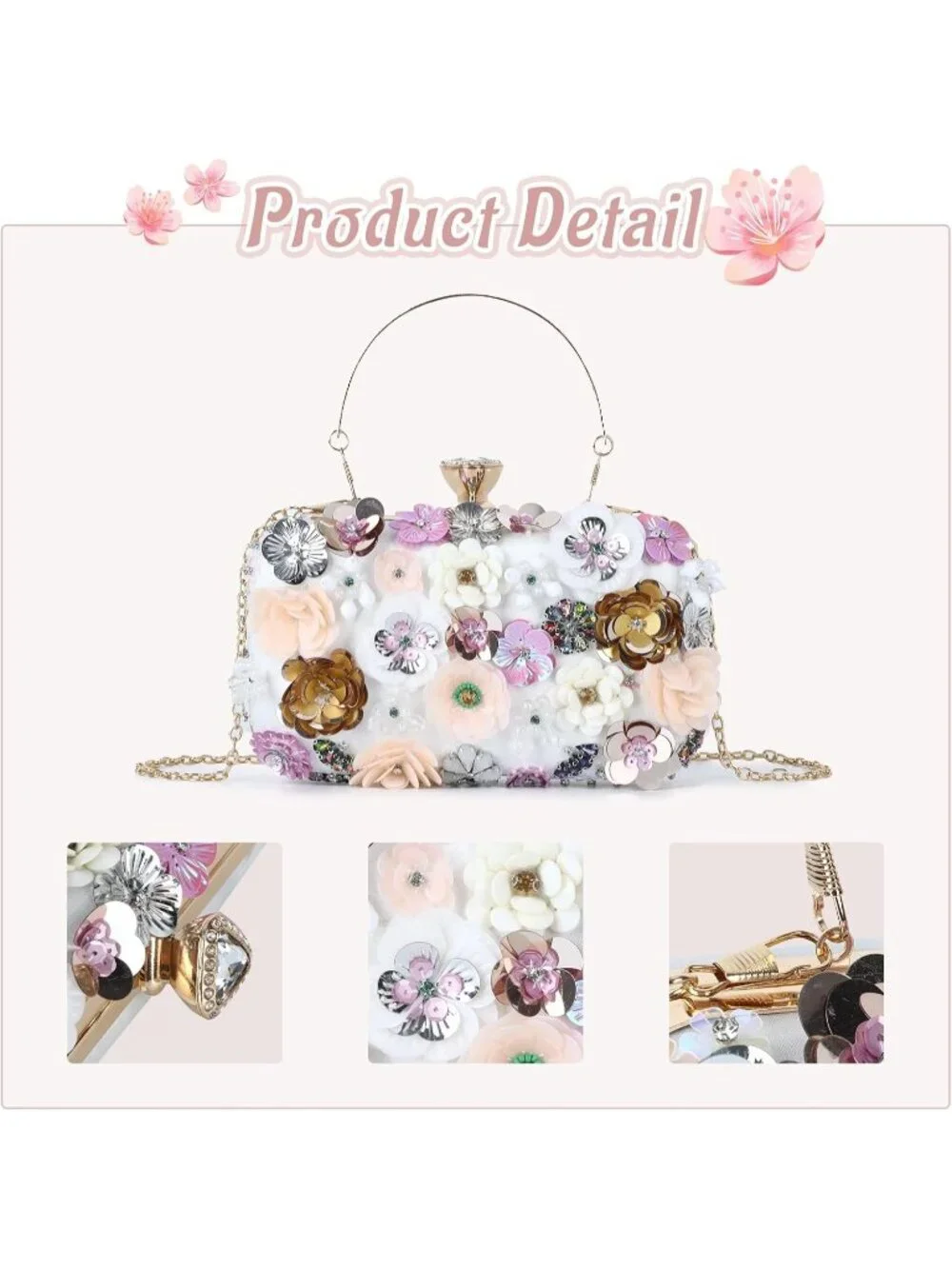 Women's Beige Clutches Flower Evening Handbag Chain Strap Elegant Shoulder Bag